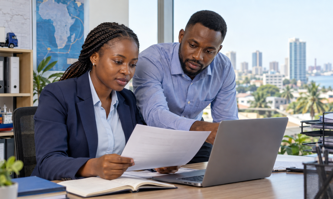 Black African logistics professionals reviewing shipment documents in an office
