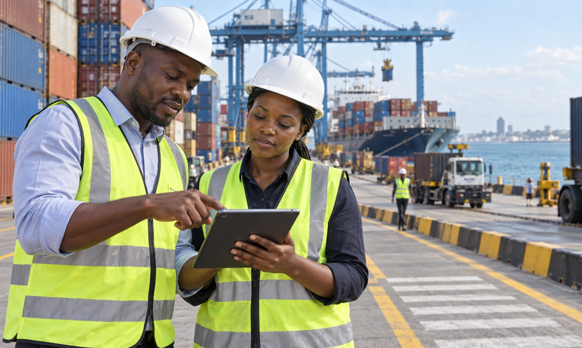 Black African freight professionals checking a tablet at a container terminal