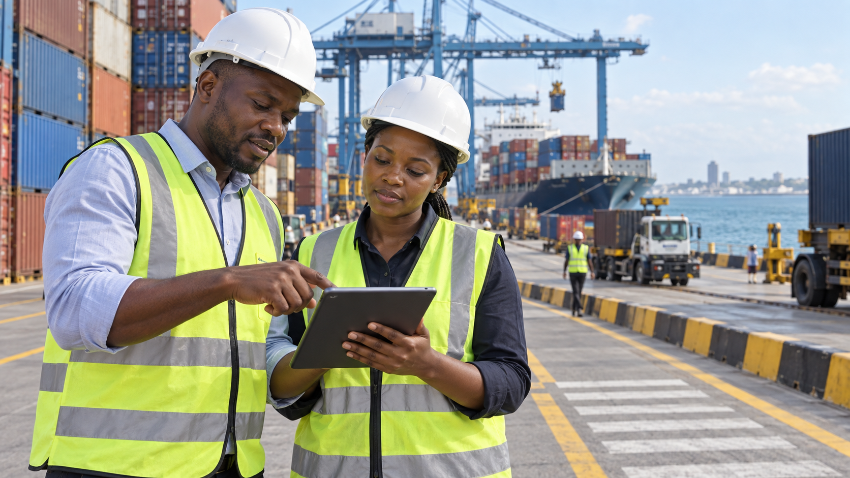 Black African freight professionals checking a tablet at a container terminal