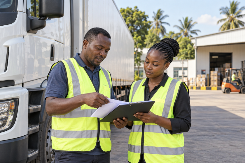 Black African truck driver and coordinator reviewing delivery paperwork beside a freight truck